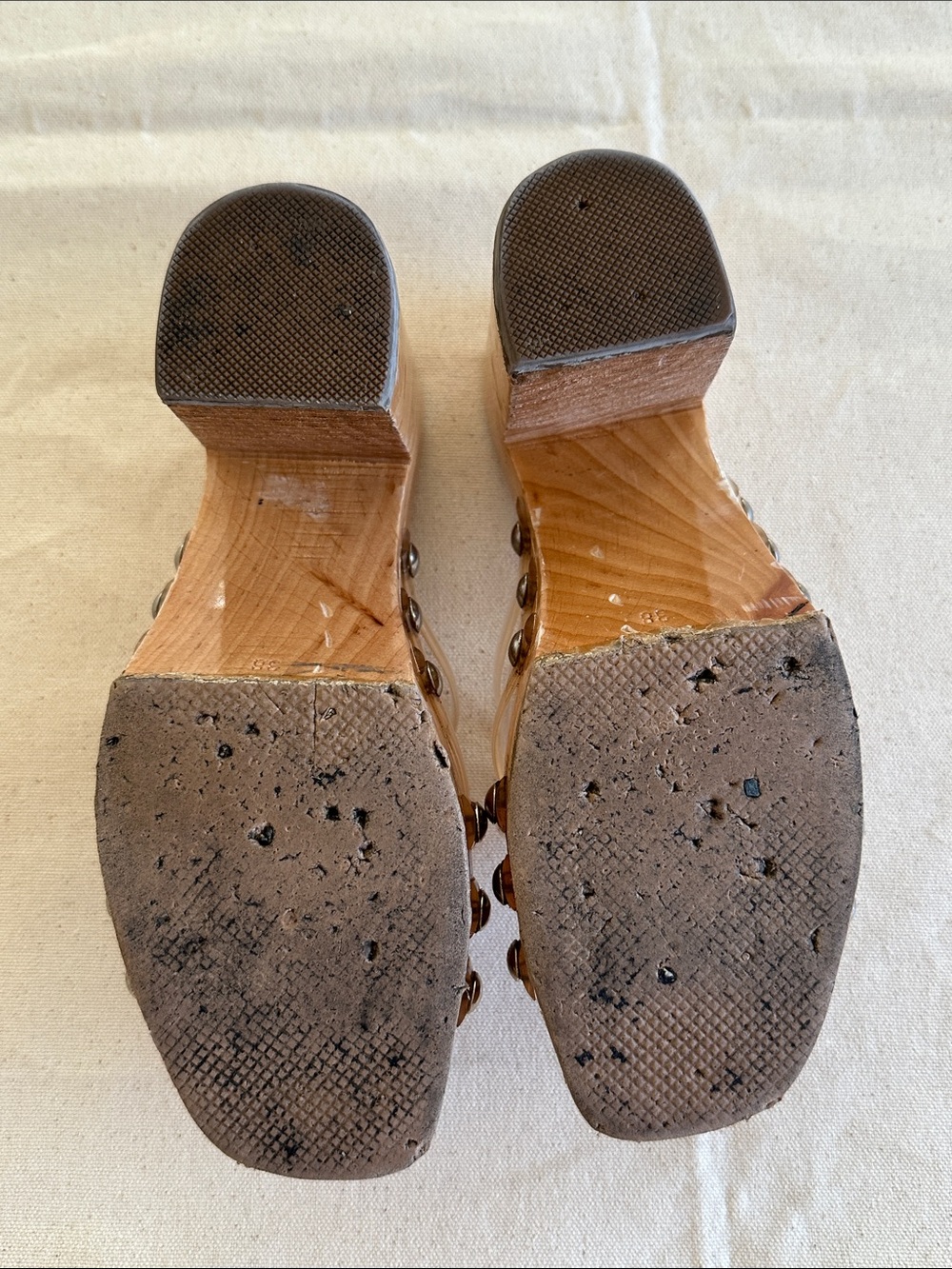 Vintage Clear Strappy Wood Block Heel Sandals - Picture 10 of 11